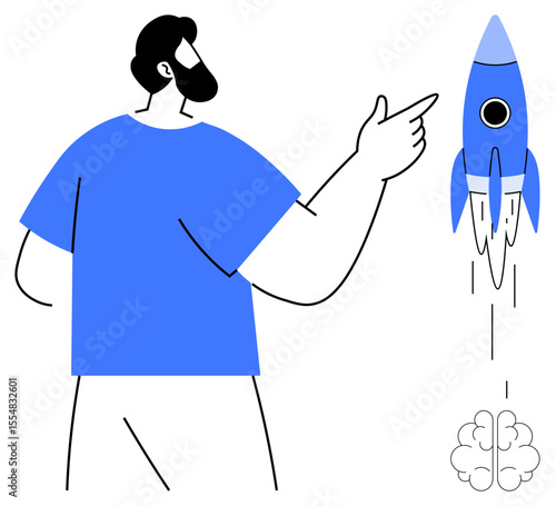Man pointing at launching blue rocket with creative spark visualized as brain smoke. Ideal for innovation, startup, progress, ambition, creativity, leadership, vision. Simple flat metaphor