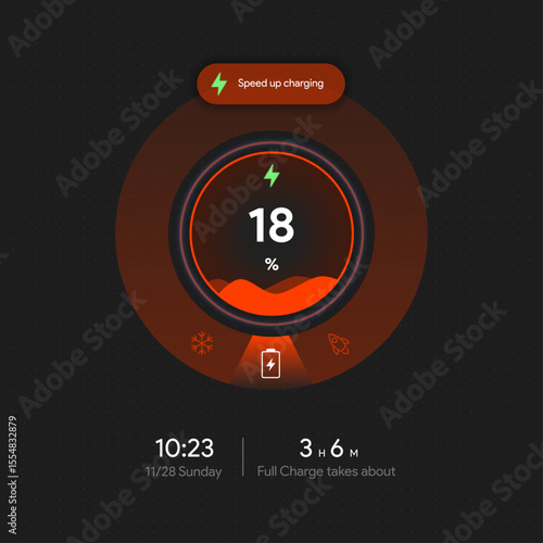 Charging status widget UI. Battery level shown in percentages and estimated time left. Minimal app interface design for mobile device. Tech energy tracking template. Vector illustration.