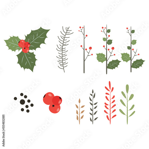 Winter Foliage Floral Elements Or Christmas Tree Branches Set Vector Design.