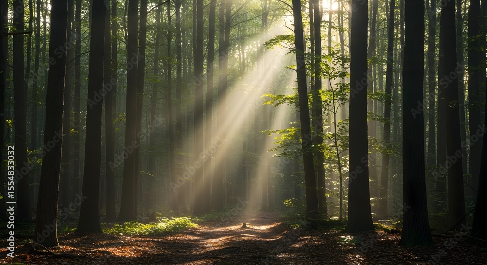 Fototapeta premium Forest, Woods, Trees, Sunbeams in the Misty Forest