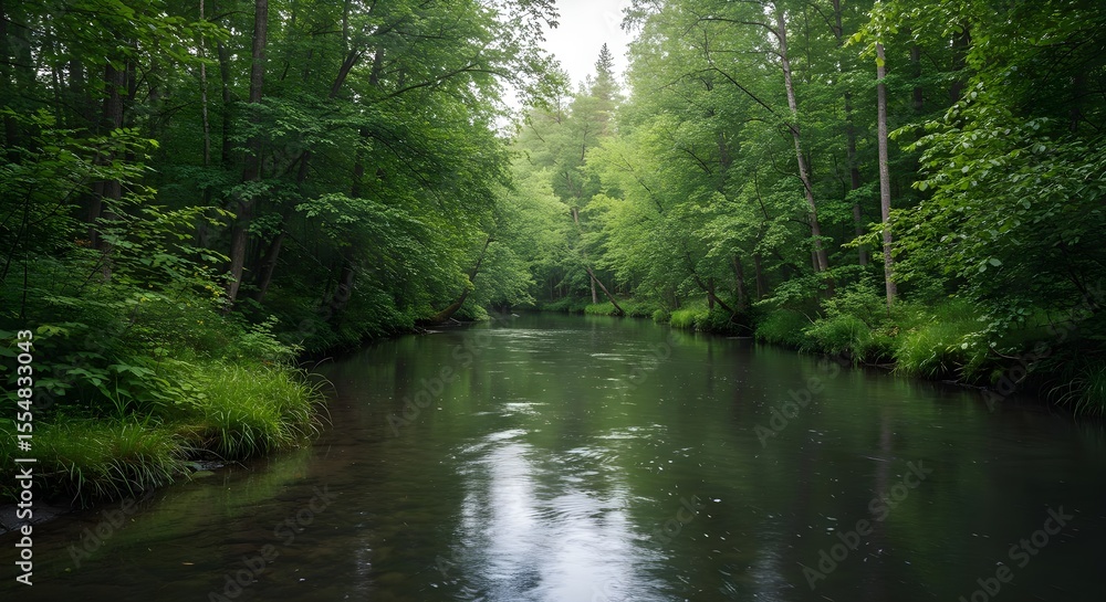 Obraz premium River, Forest, Trees, Serene River Flowing Through Lush Green Forest
