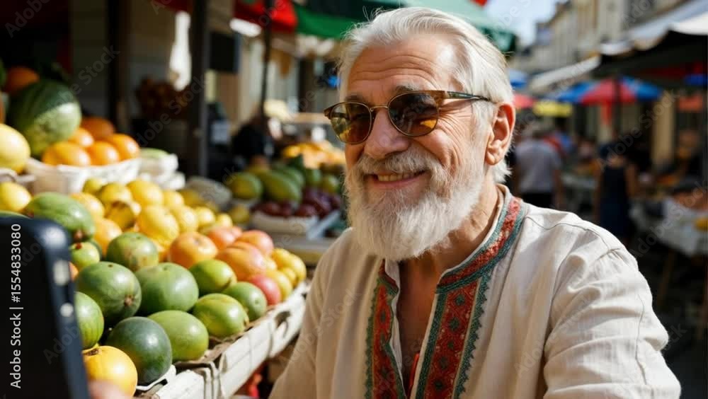 Anciano tomandose una selfie en la feria