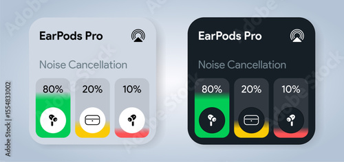 AirPods Pro battery level UI. Percentage charging level tracker. Electric charge indicator widget. Modern UX design screen for app or smartphone interface. Green energy display. Vector Illustration.