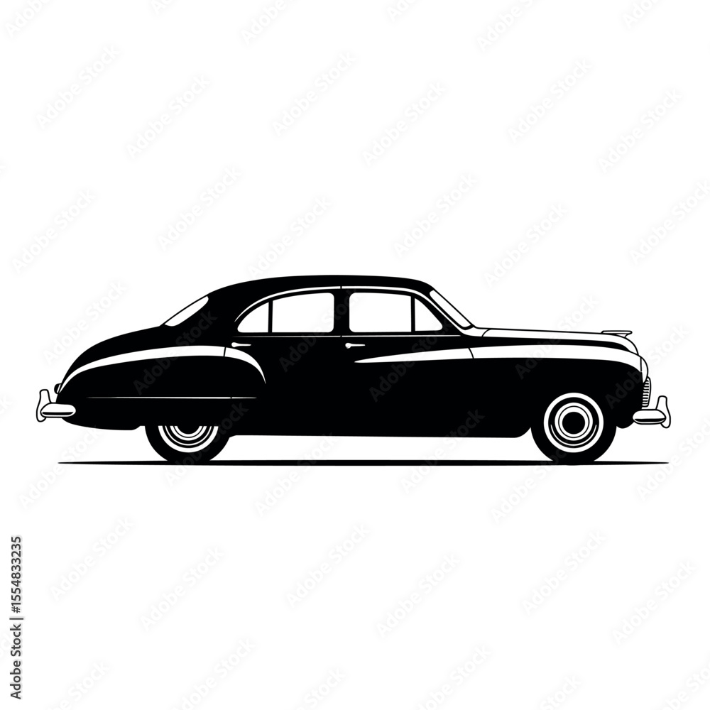 Fototapeta premium Classic Car Silhouette: A sleek, vintage car, rendered in elegant black and white, standing as a timeless emblem of automotive design and elegance.