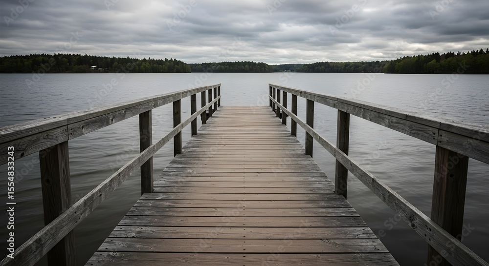 Naklejka premium Lake, Dock, Pier, Wooden Dock Extending into Serene Lake Under Cloudy Sky