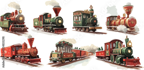 Collection of Vintage Christmas Toy Trains on a White Background Featuring Red and Green Color Schemes Perfect for Holiday Decor Nostalgic Themes and Festive Celebrations