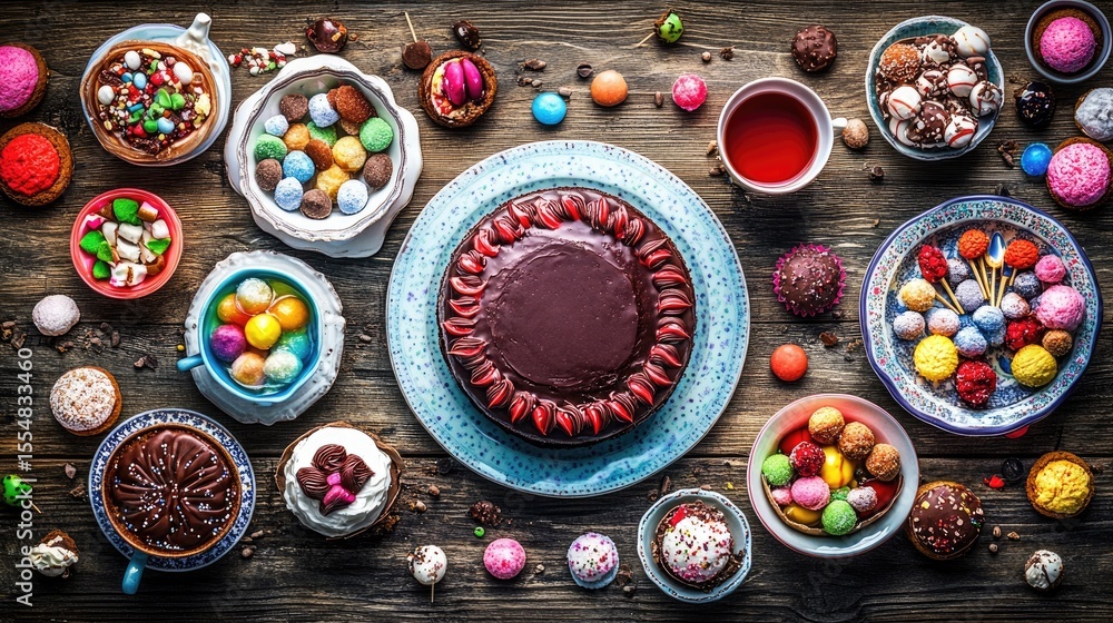 Fototapeta premium Colorful assortment of sweets and desserts on a wooden table.