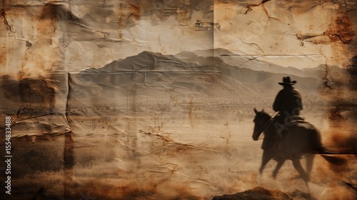 old worn vintage sepia toned polaroid photo of cowboy riding a horse