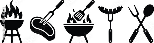 BBQ Grill Icons, Barbecue Tools and Meat Silhouettes Collection.