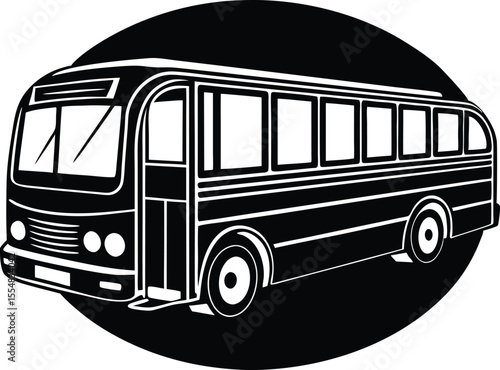 Vector art of a classic black and white bus is illustrated in a circle isolated on white background