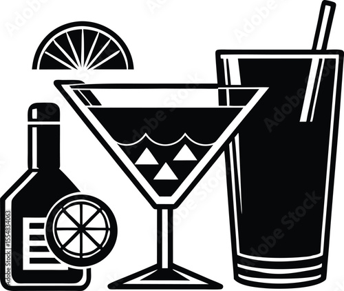 Vector art of a martini glass and a highball glass are shown with a bottle and orange slices isolated on white background