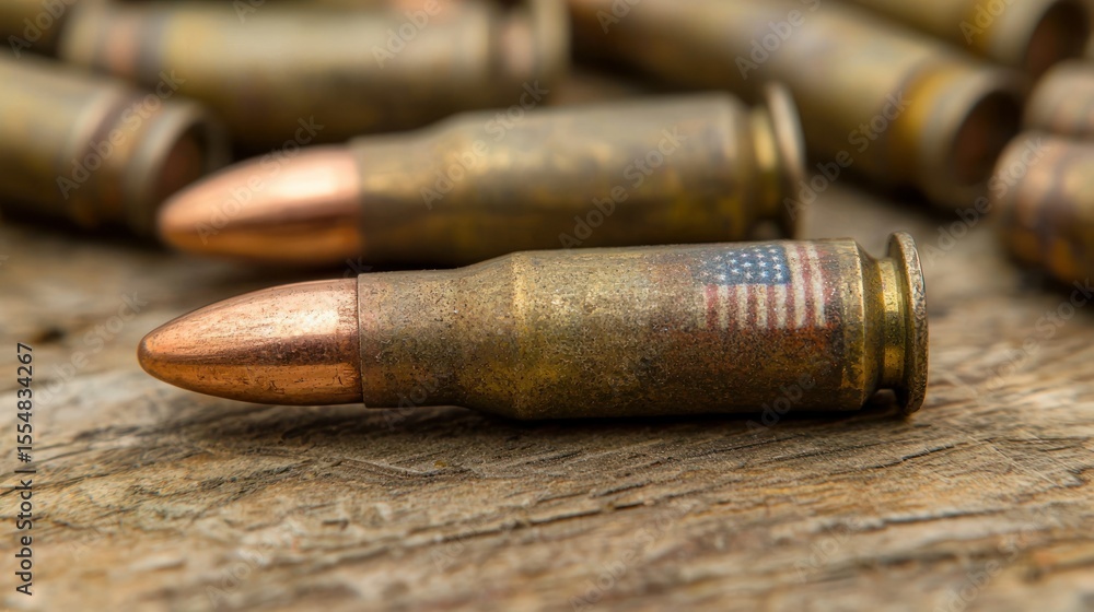 Obraz premium Bullet with flag detail lies on wood, others blurry behind