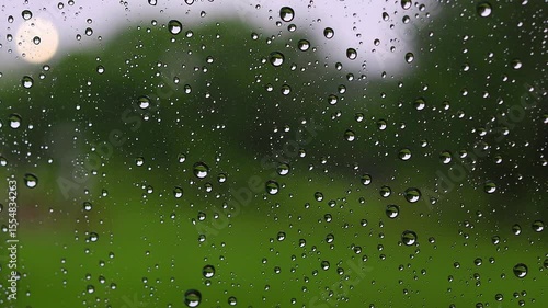 窓についた雨粒（雨音あり）
