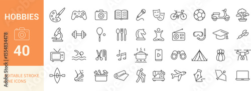Hobbies Line Editable Icons Set. Includes Sports, Music, Cooking, Photography, Travel, Art, and More. Vector Illustration.