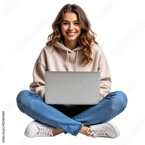Tech-Savvy Woman Working on Laptop with Confident Expression, isolated on a transparent background
