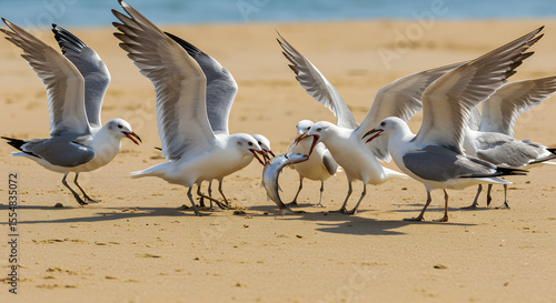 Seagull Battle on Beach PNG