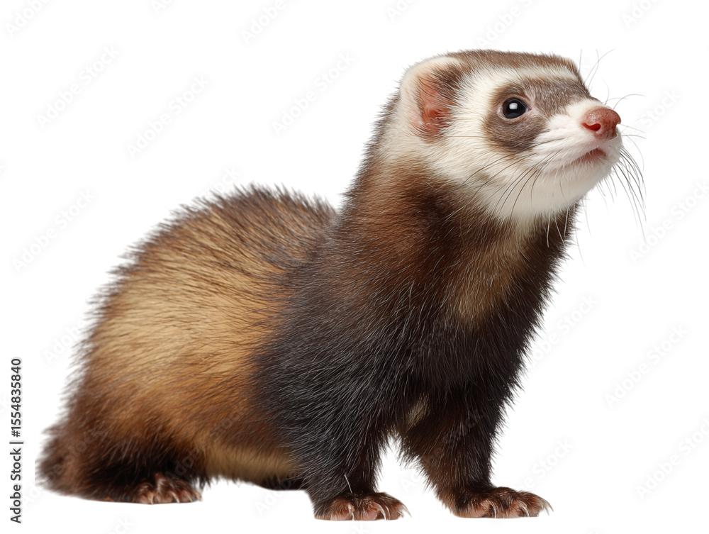 A charming ferret is captured in a studio, its curious eyes and distinctive coat brought to life against a simple background. A charming ferret is captured in a studio, its curious eyes and distinctive coat brought to life against a simple background.