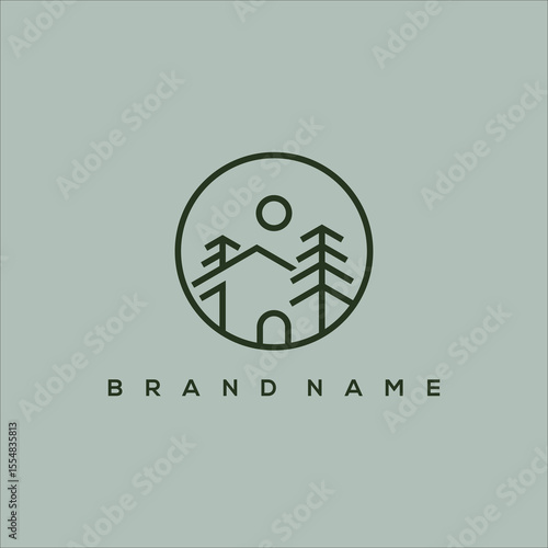 minimalist line art house with pine tree and sun vector logo