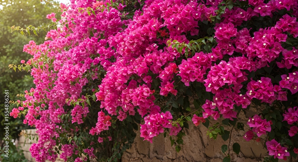 Obraz premium Bougainvillea, Bougainvilleas, Bougainvillaea, Vibrant Pink Bougainvillea Blooming on a Stone Wall