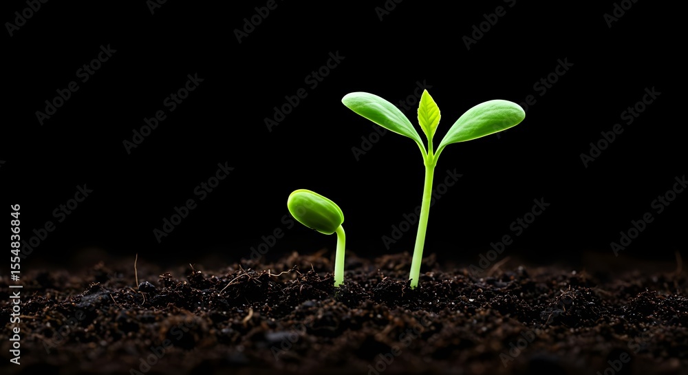 Fototapeta premium Seedling, Sprout, Plant, Two Seedlings Growing in Soil Against Black Background