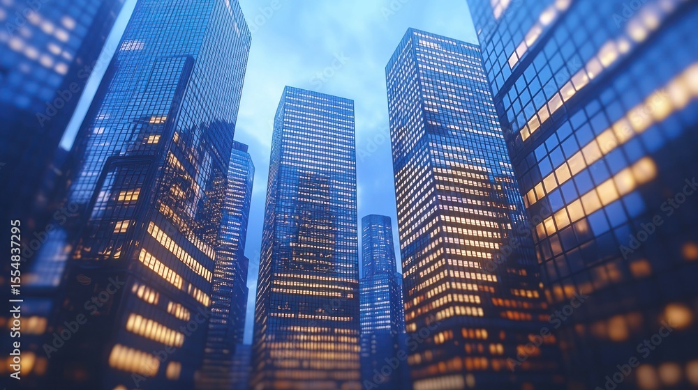 Fototapeta premium City skyscrapers glow under soft, blue hour light