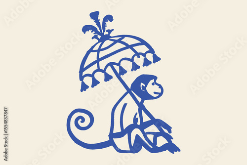 Monkey under tropical umbrella naive ink sketch vector illustration
