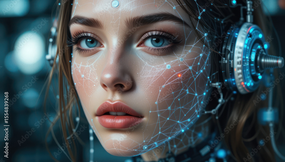 A woman with headphones and futuristic technology projected on her face, creating a cybernetic aesthetic. A woman with headphones and futuristic technology projected on her face, creating a cybernetic aesthetic.