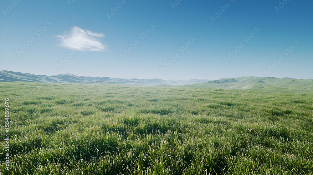 Fototapeta premium Wide grassy plain under a clear, bright sky with gentle rolling hills in the distance. Lush green grass stretches to the horizon. A single, soft, white cloud floats in the azure sky