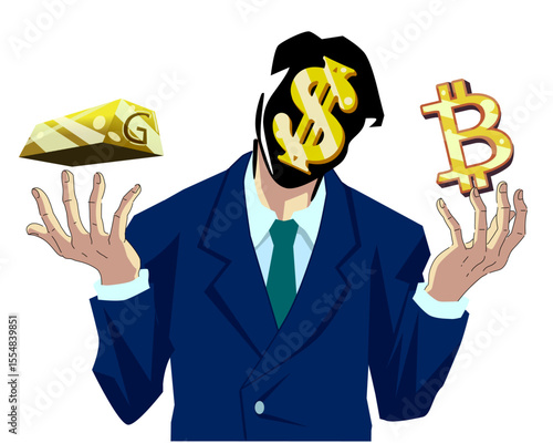 Conceptual vector illustration of a businessman in a suit with a golden dollar sign as his face, symbolizing wealth obsession and identity defined by money. He juggles a gold bar and a Bitcoin icon.