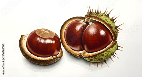 Horse chestnut, Conker, Aesculus hippocastanum, Watercolor Painting of Horse Chestnuts