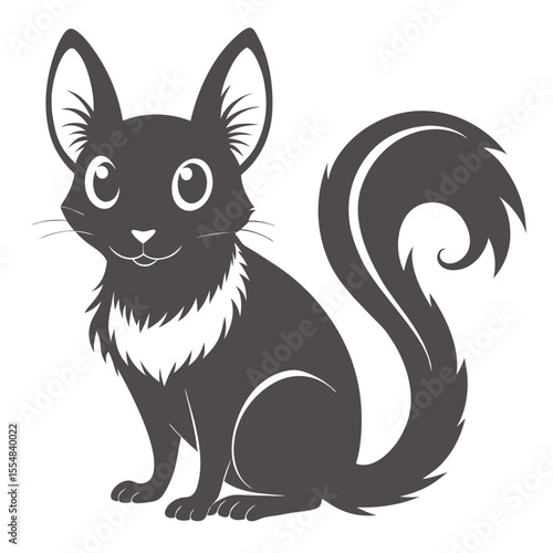 Stylized dark grey cartoon fox with large bushy tail and big eyes