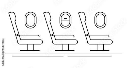 Row of Seats Inside a Passenger Airplane Line Art Isolated on White. Aviation and transportation means concept vector art