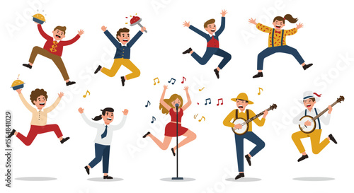 Joyful people celebrating with music, singing, and dancing, expressing exuberant happiness.