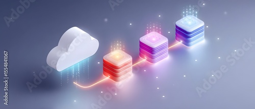 Digital cloud computing concept with data storage cubes connected by glowing lines on a dark gradient background.