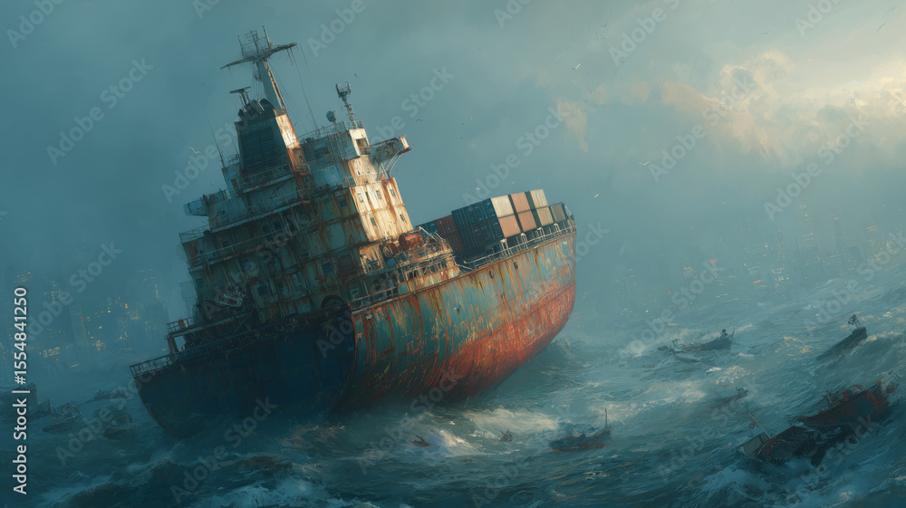 Fototapeta premium Cargo ship capsizes in stormy waters near bustling harbor town