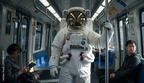 Wallpaper Mural Astronaut Standing Alone in Subway Train Holding Pole – Conceptual High-Resolution Surreal Urban Scene Torontodigital.ca