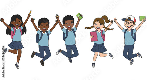 Joyful school children celebrate, jumping with glee and school supplies.