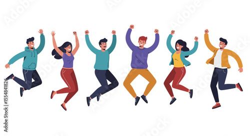 Joyful group of diverse young adults leaping in the air, celebrating success together.