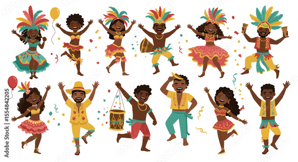 Naklejka premium Group of diverse people dancing in colorful carnival costumes with feathers and confetti, celebrating joyfully.