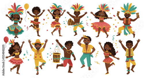 Group of diverse people dancing in colorful carnival costumes with feathers and confetti, celebrating joyfully.