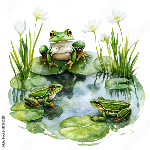 Frogs Returning Spring Pond, watercolor vector, isolated on a white background.