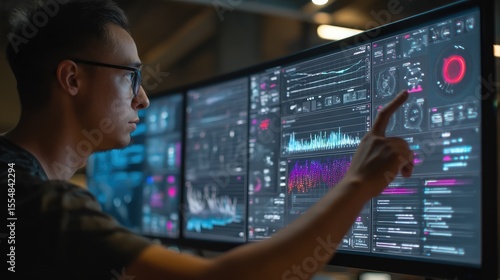 A professional interacting with an AI-powered computer system, using artificial intelligence tools for data analysis.