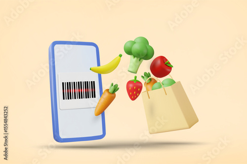 3D Vector Illustration Render of Mobile Phone Showing Barcode Scanner with Various Vegetables and Fruits Broccoli, Banana, Apple, Carrot and Strawberry. Shopping Bag. Online Organic Shopping Concept.