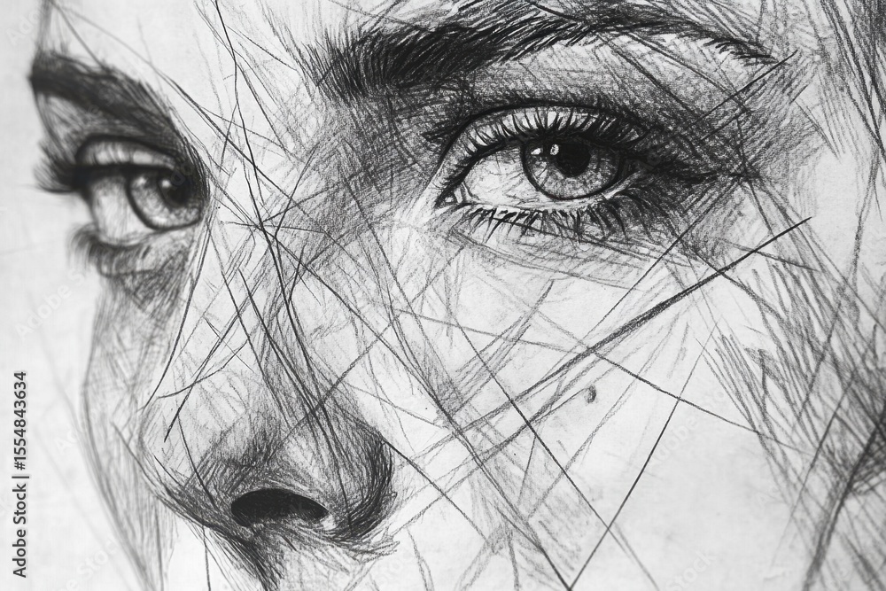 Obraz premium Detailed sketch of a woman's expressive eyes and face showcasing intricate linework and shading techniques, created with precision using pencil on textured paper