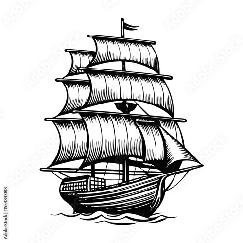Vintage sailing ship with full sails. Classic three-masted sailing vessel with billowing sails, vintage style artwork.  Image of vintage sailing ship perfect for nautical themed designs.