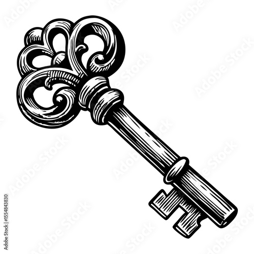 Ornate antique key illustration. Detailed drawing of a vintage skeleton key with intricate scrollwork.  Mysterious key image perfect for mystery novels, secret society branding,