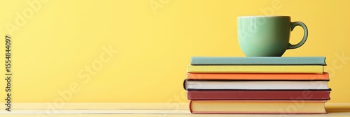 Colorful books with coffee mug banner for education blog or reading website header, soft yellow tones, 3:1 banner image with copy space on right