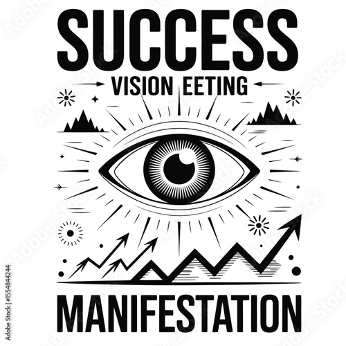 Black and white vector illustration of a motivational success vision board with central eye and keywords like goal setting and manifestation