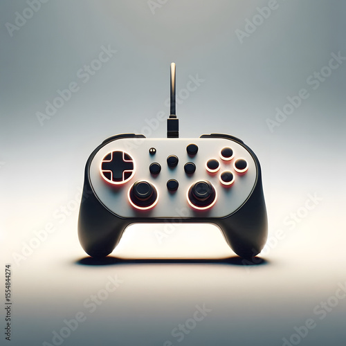 3D render of game controller with glowing buttons, minimal style, white background
