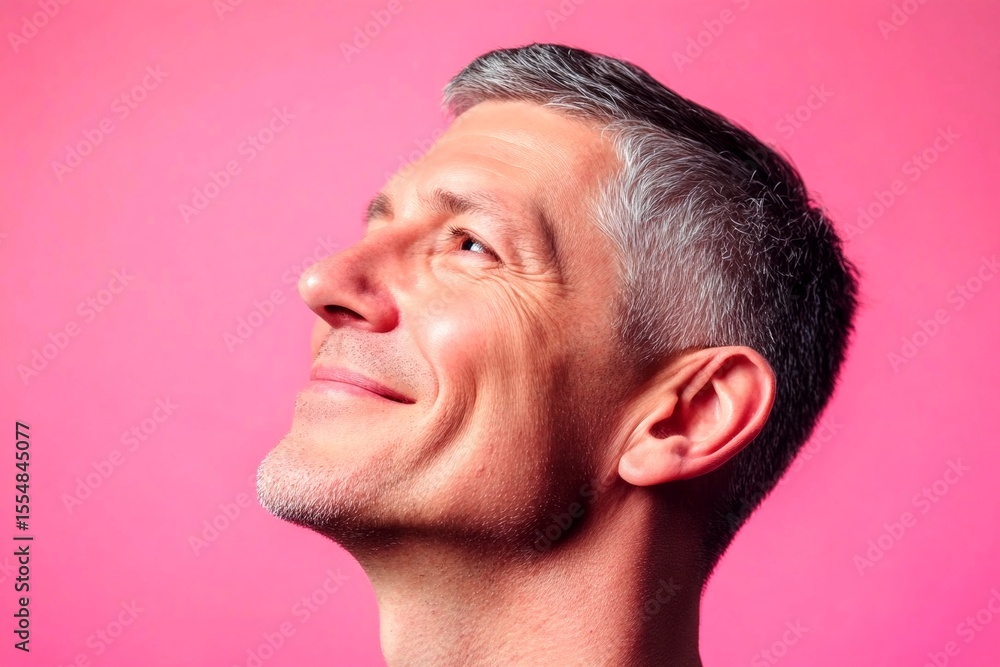 Obraz premium Elegant men's buzz cut haircut - midlife white man with grey hair. Pink solid background. A fashionable man posing for a stylish portrait. Creative of style for aging men.